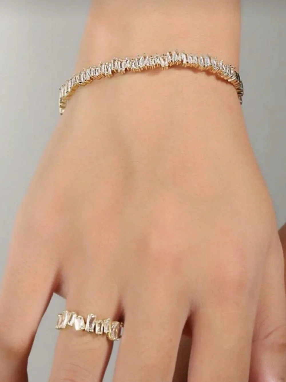 Anthropologie Gold Baguette Crystal Cuff Bracelet and Ring Set